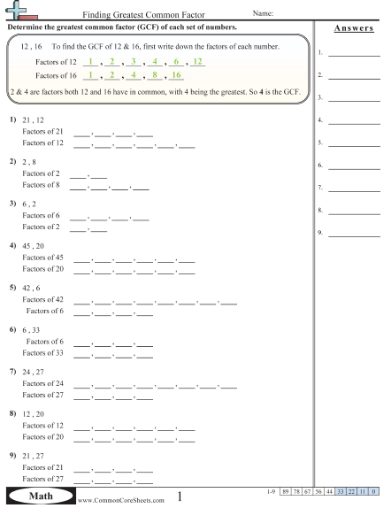 6.ns.4 Worksheets - Finding Greatest Common Factor  worksheet